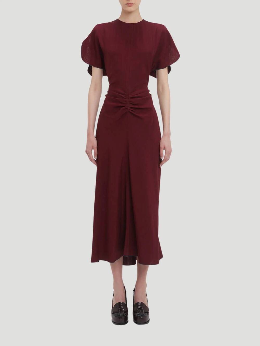 NEW VICTORIA BECKHAM gathered waist midi dress in port